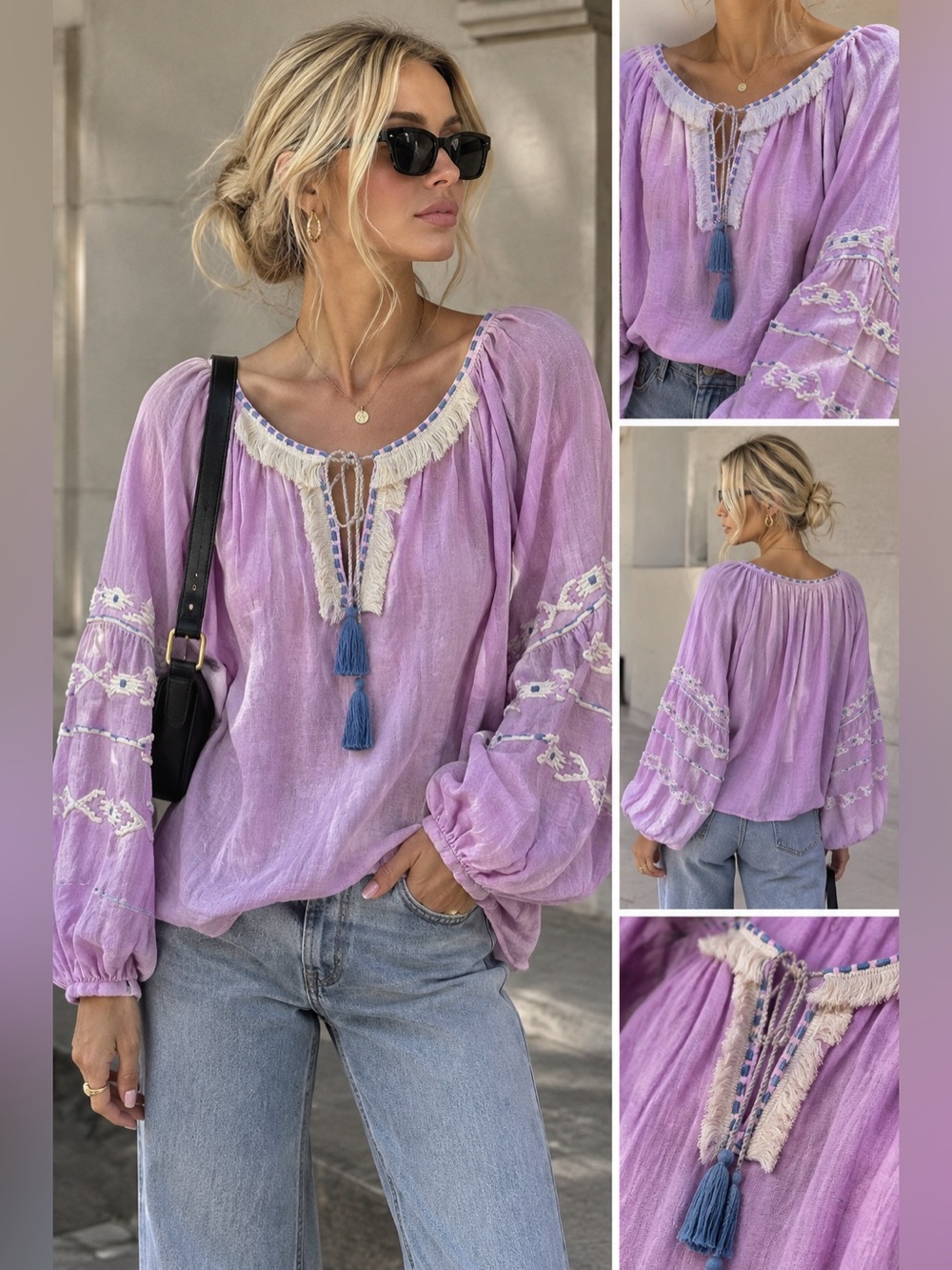 Lilac Embroidered Peasant Blouse with Tassel Ties